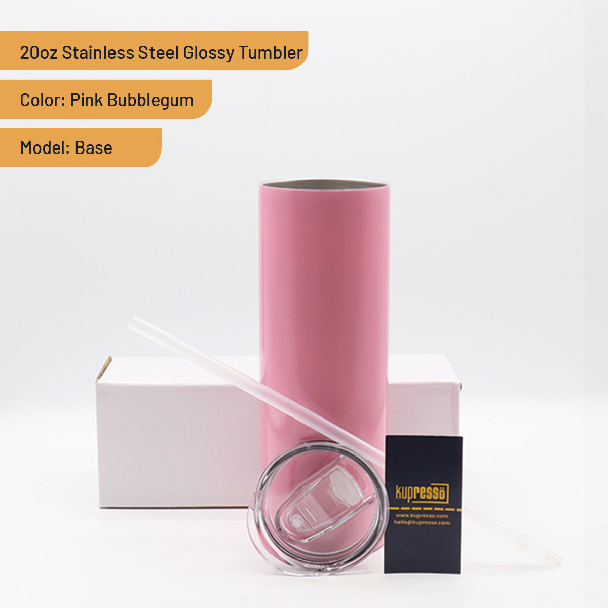 20oz Stainless Steel Glossy Tumbler 20oz Stainless Steel Tumblers Kupresso Base (White Gift Box) Bubblegum Pink 